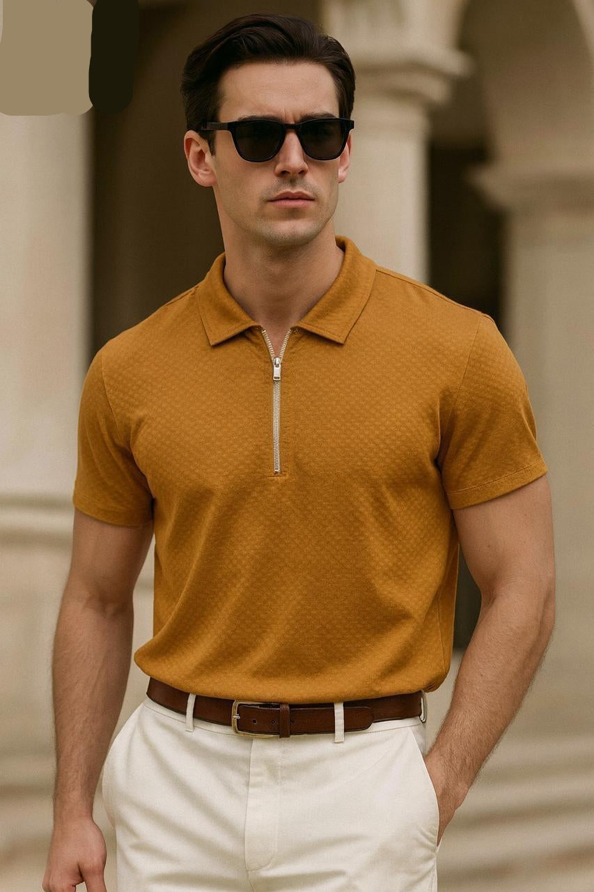 Zipper Style Texture  Polo T-Shirt